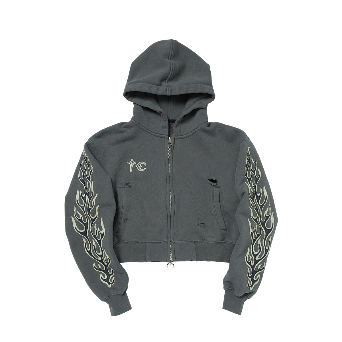 Leather Flame Cropped Hooded Zip-Up Grey