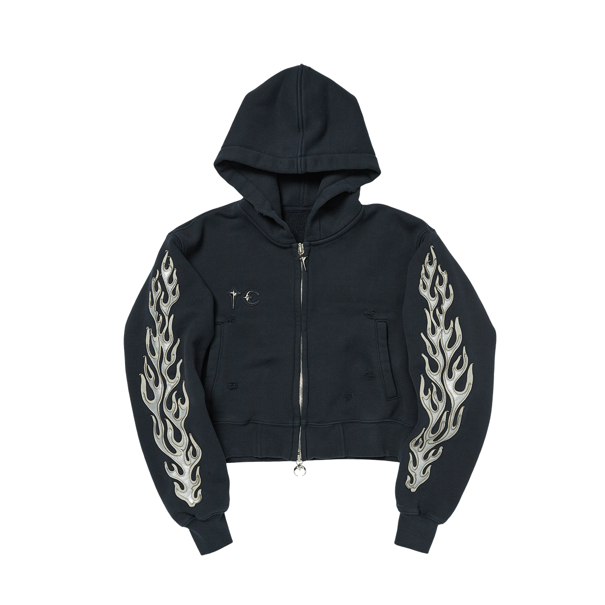 Leather Flame Cropped Hooded Zip-Up Navy