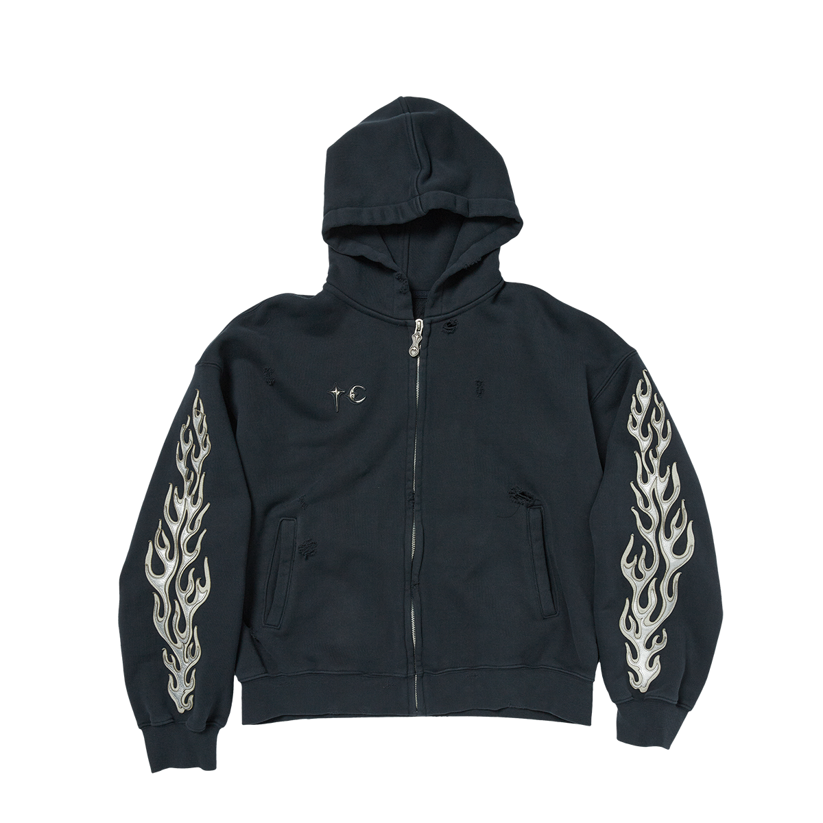 Leather Flame Hooded Zip-Up Navy