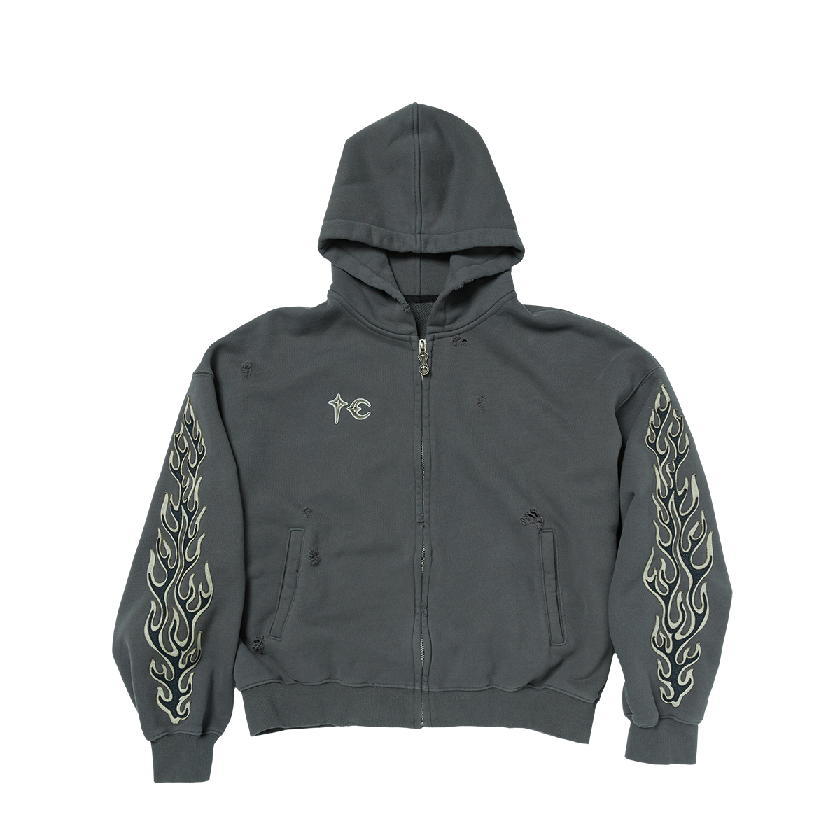 Leather Flame Hooded Zip-Up Grey