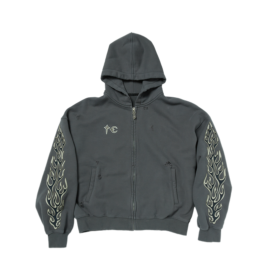 Leather Flame Hooded Zip-Up Grey