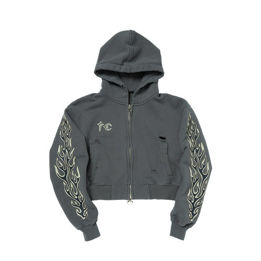 Leather Flame Cropped Hooded Zip-Up Grey