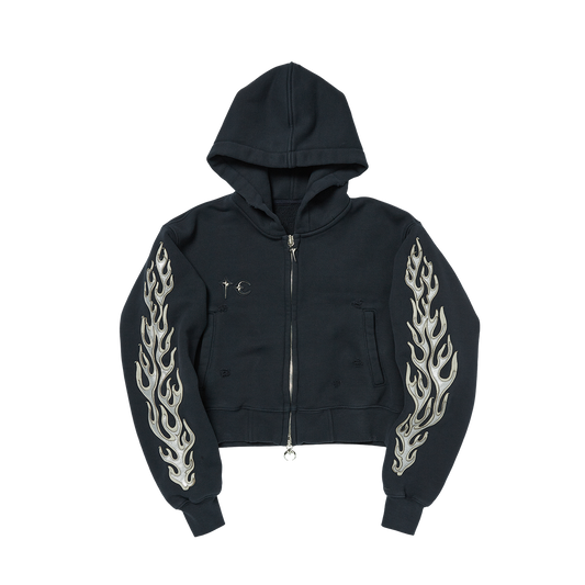 Leather Flame Cropped Hooded Zip-Up Navy