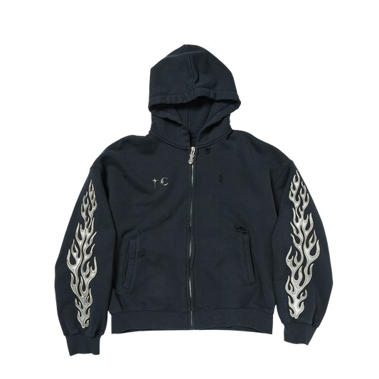 Leather Flame Hooded Zip-Up Navy