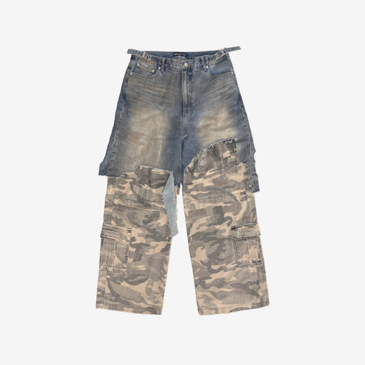 Layered Cargo Denim Pants Blue Camo